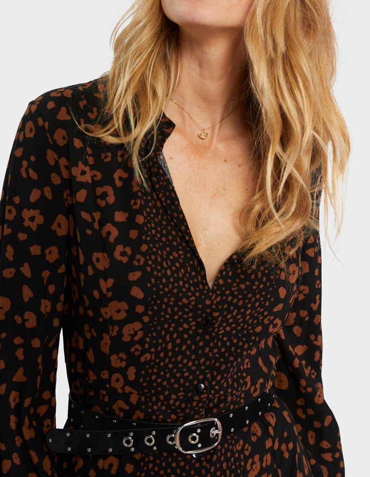 Langes, schwarzes Kleid mit Leopardenprint I.Code -4