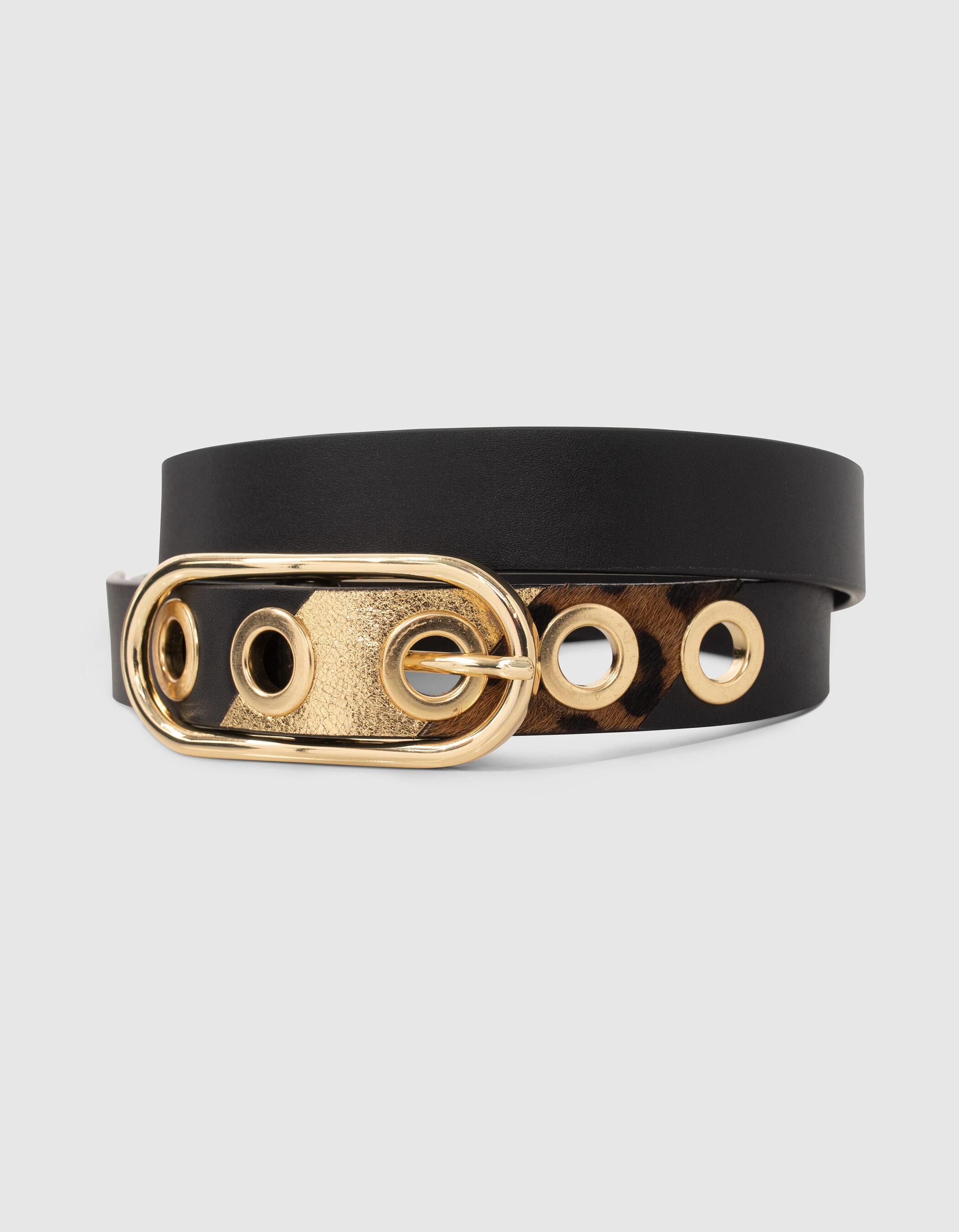 I.Code black leather belt with gold and leopard details