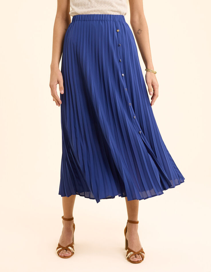 Langer blauer Plisseerock Seitenknöpfe I.Code-4