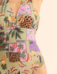 I.Code khaki swimsuit with banana patchwork print-5