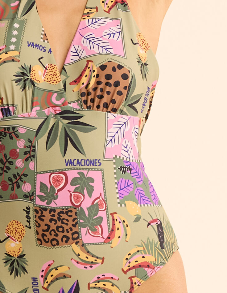 I.Code khaki swimsuit with banana patchwork print-5