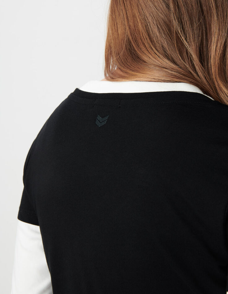Schwarzes V-Ausschnitt T-Shirt Damen mit Fischgr&auml;ten-Stickerei-4