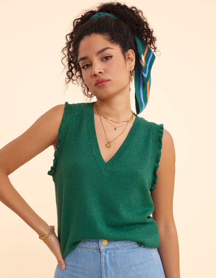 I.Code green lurex knit sleeveless sweater with ruffles-1 I.Code green lurex knit sleeveless sweater with ruffles-1
