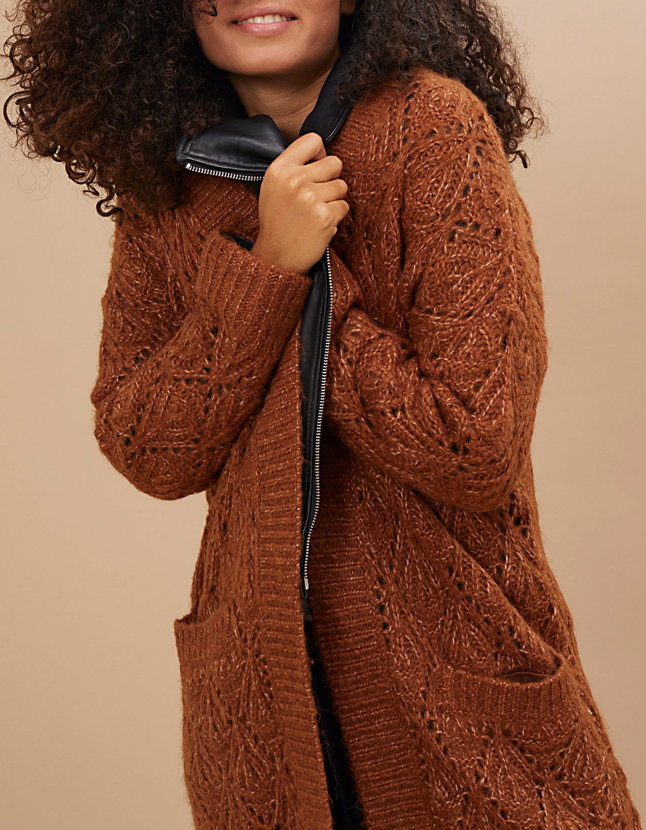I.Code caramel knit long cardigan