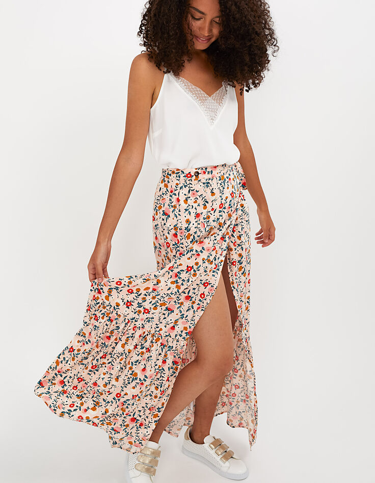 I.Code powder pink floral gold print long skirt-1