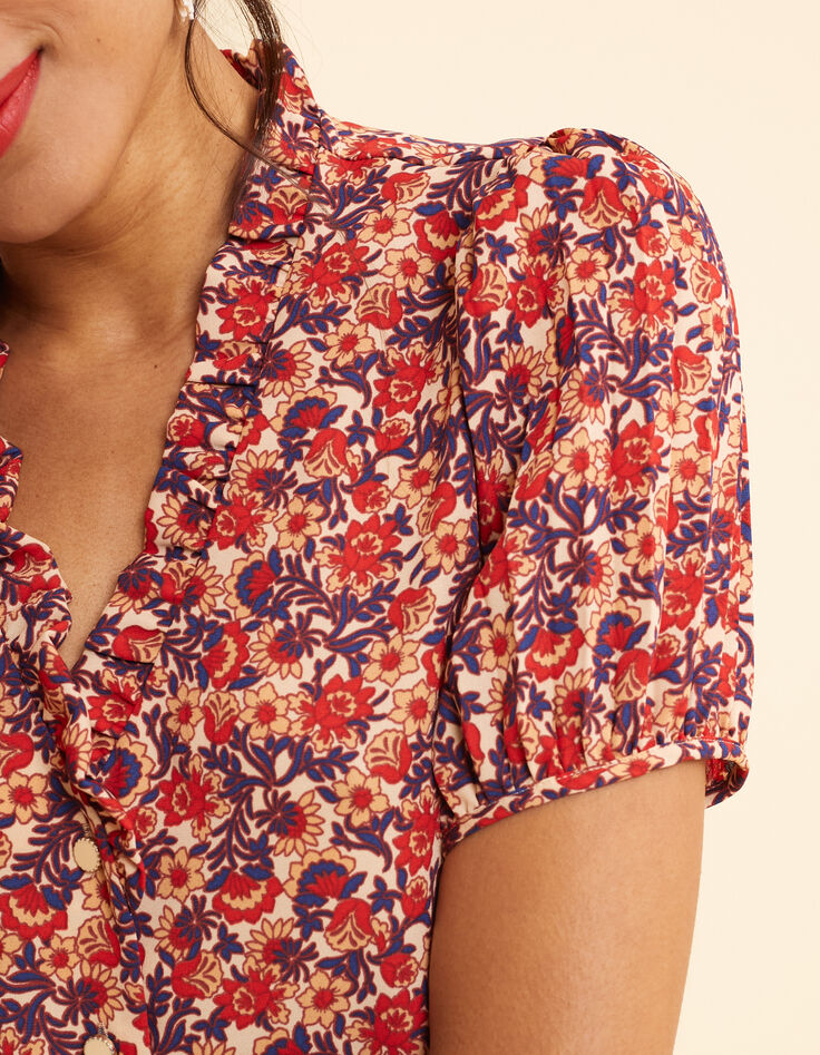 Top rojo flores mangas plisadas I.Code-6