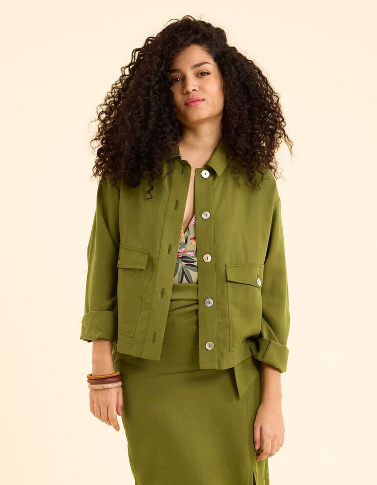 I.Code khaki flowing jacket with buttoned pockets-4