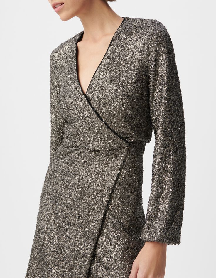 Graues Metallic-Pailletten besticktes Damen-Wickelkleid -4