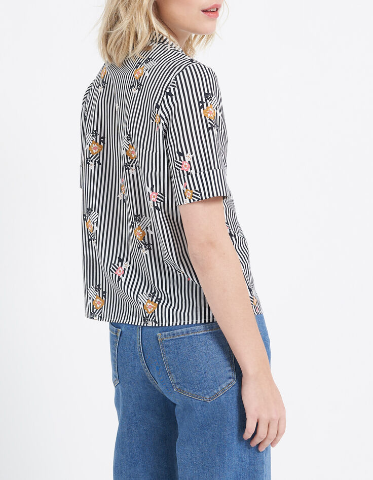 Schwarze Bluse mit Blumen-Streifen-Print I.Code-2