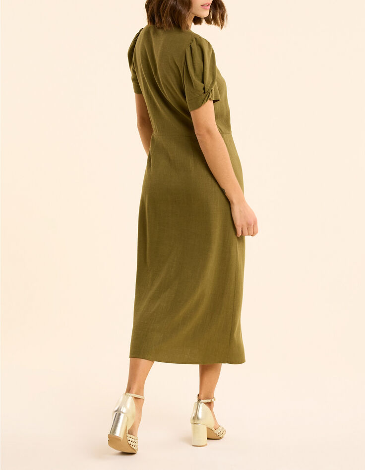 Robe midi kaki boutonn&eacute;e lin m&eacute;lang&eacute; I.Code-3