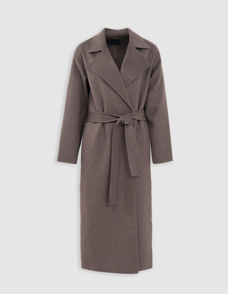 Manteau long beige ceintur&eacute; Femme-5