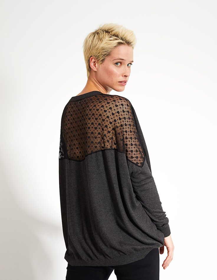 Grauer Cape-Pullover, schwarzer Mesh-Rücken mit Herzen I.Code-4