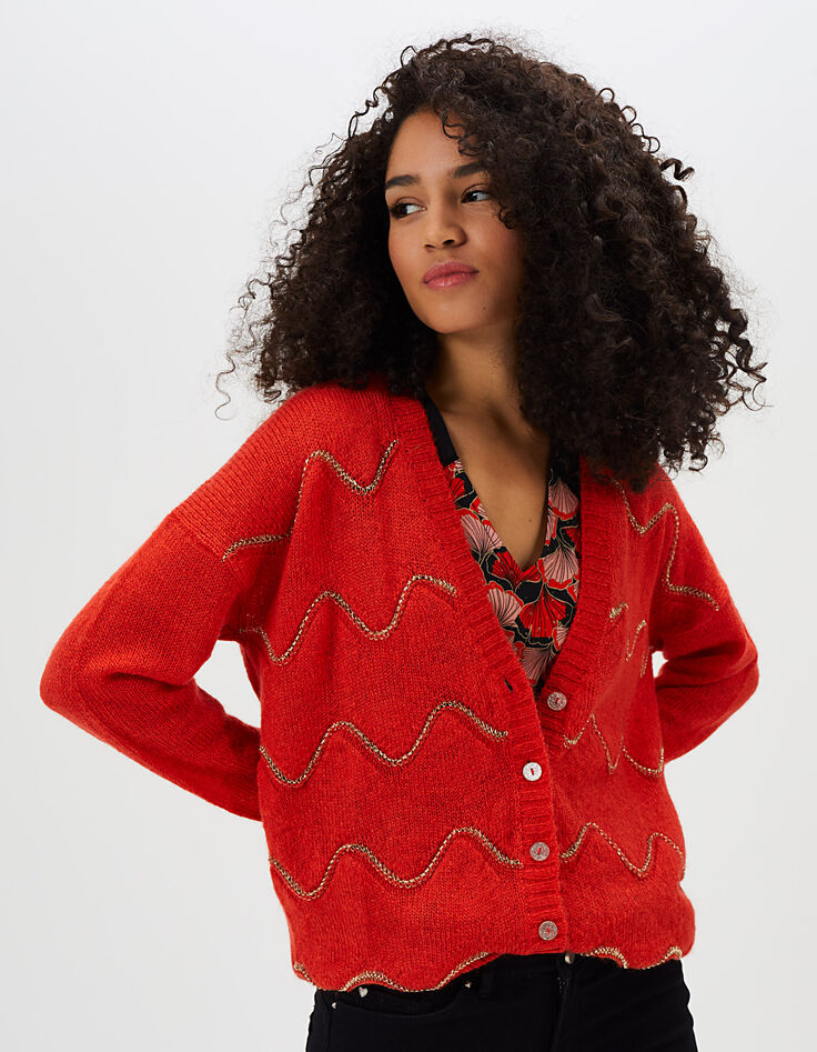 Mohnrote gestreifte Mohair-Strickjacke I.Code-1
