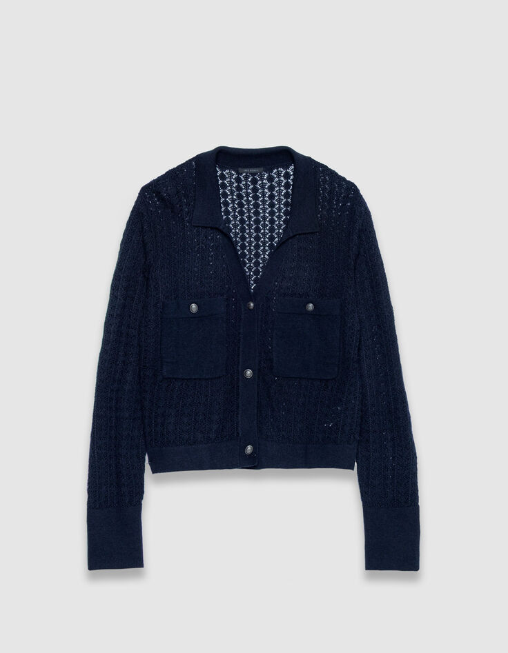 Marineblaue durchbrochene kurze STRICKJACKE f&uuml;r Damen-6