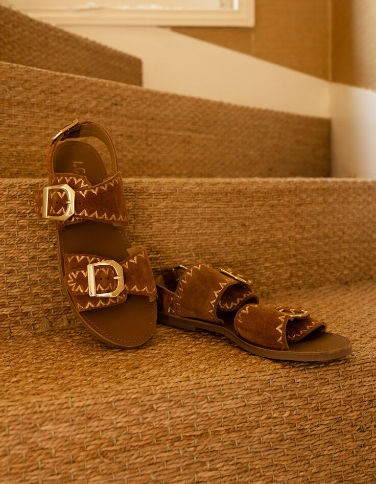 Sandales plates camel cuir velours brodé I.Code-7