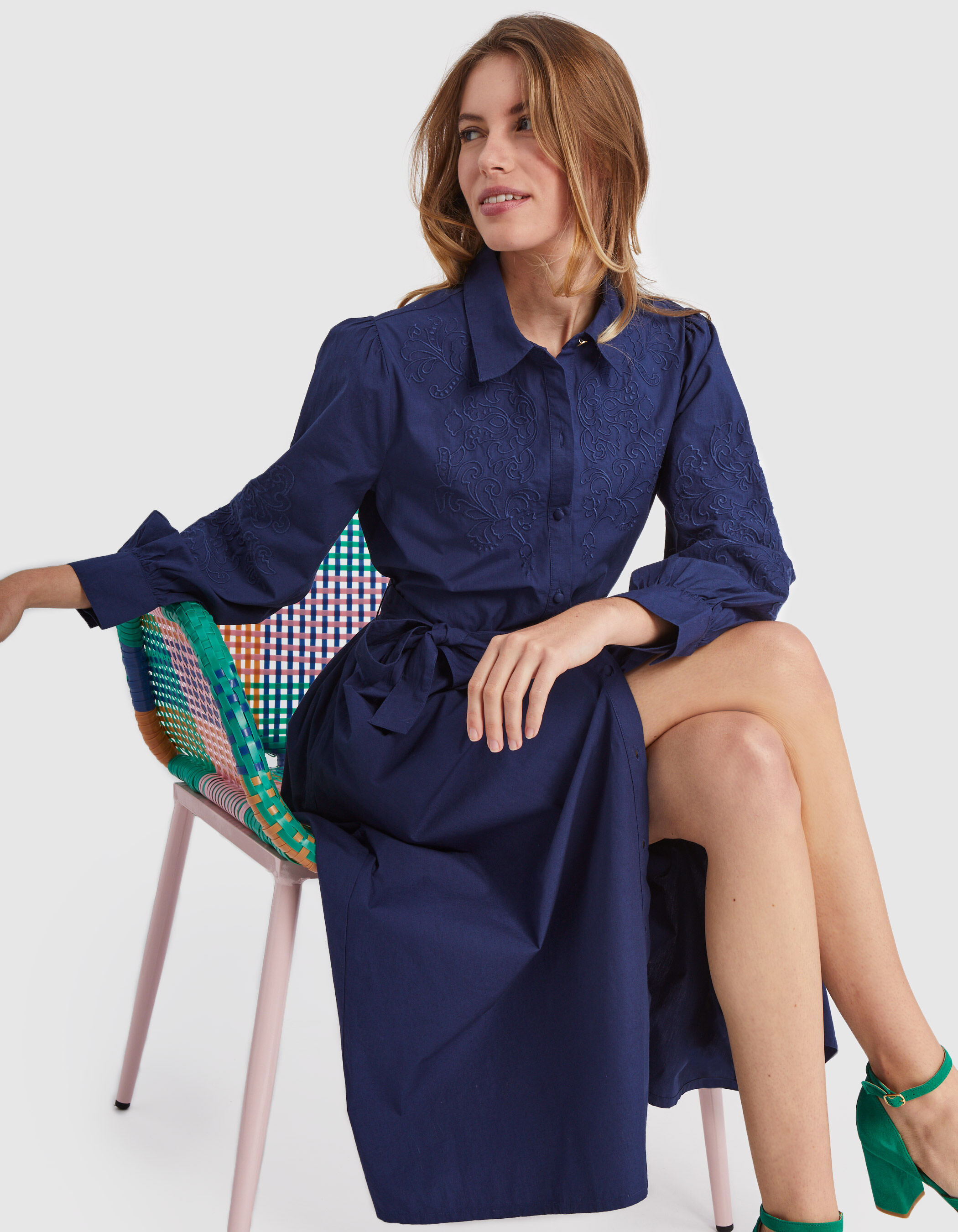 Robe longue indigo broderies ton sur ton I.Code