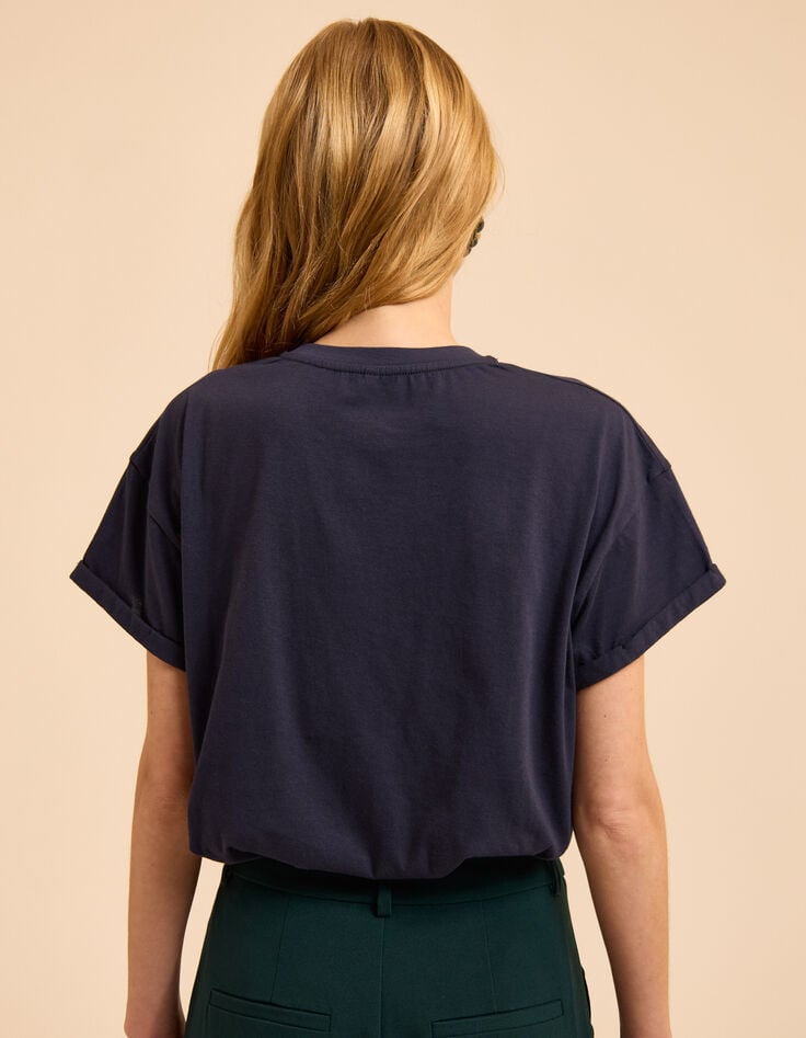 Marineblaues T-Shirt Schriftzug Samt Glitzer I.Code-4 Marineblaues T-Shirt Schriftzug Samt Glitzer I.Code-4