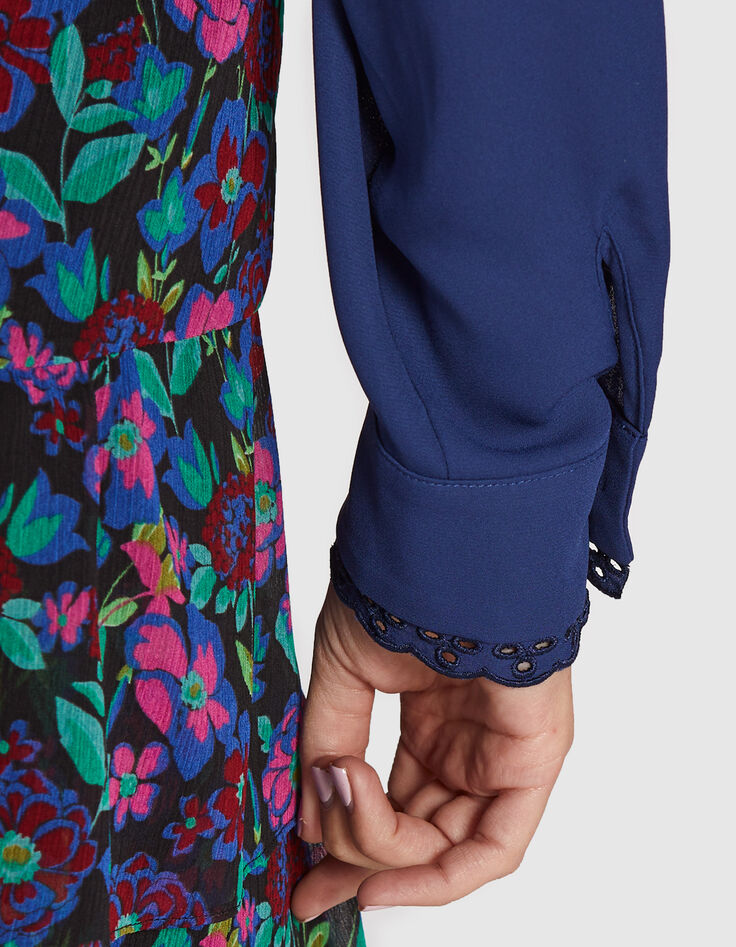 Indigoblaue, flie&szlig;ende Bluse mit plissiertem R&uuml;cken I.Code-7