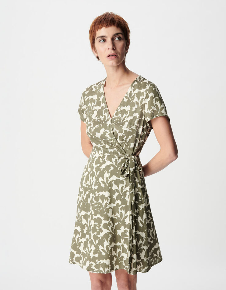 Khakifarbenes Sommerkleid im Wickel forme mit Pflanzenmuster f&uuml;r Damen-4