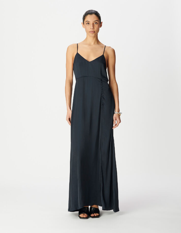 Marineblaues langes Kleid f&uuml;r Damen mit d&uuml;nnen Riemen und Knopfleiste-2