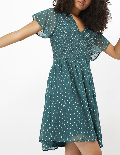 Vestido verde estampado cuadros plata con smocks I.Code