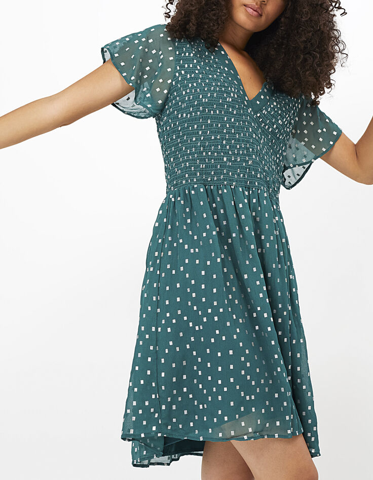 Vestido verde estampado cuadros plata con smocks I.Code-1