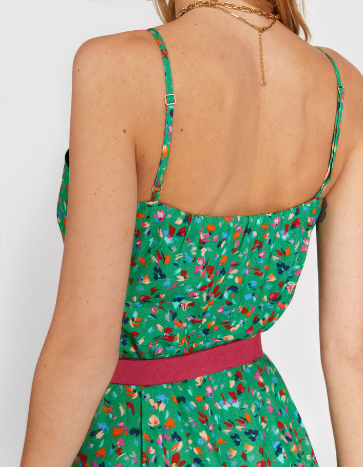 Prairie green dress with floral tachist print and thin straps I.Code - I.CODE