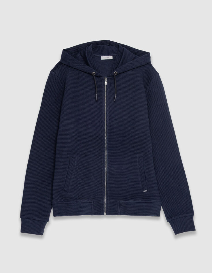 Blaue Herrenstrickjacke Biobaumwolle Ausschnitt Kapuze-7