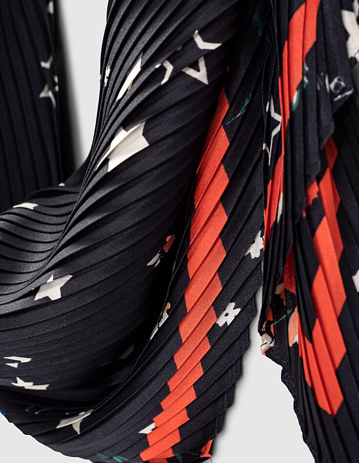 I.Code black star flower print pleated scarf-2 I.Code black star flower print pleated scarf-2