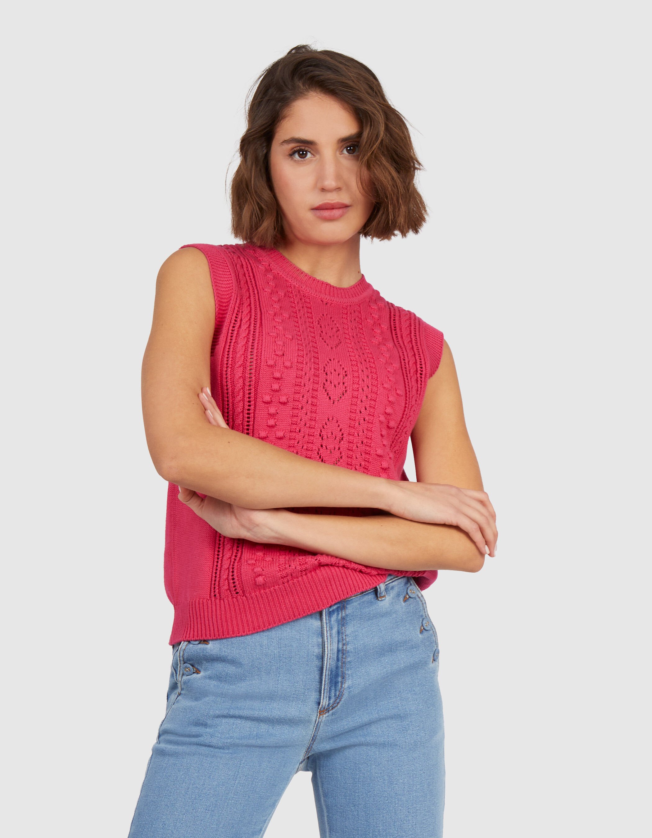 Magenta gebreide trui zonder mouwen I.Code