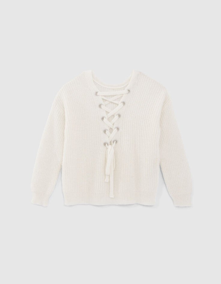 Cremefarbener Damen-Strickpullover Maxi hinten geschn&uuml;rt-7