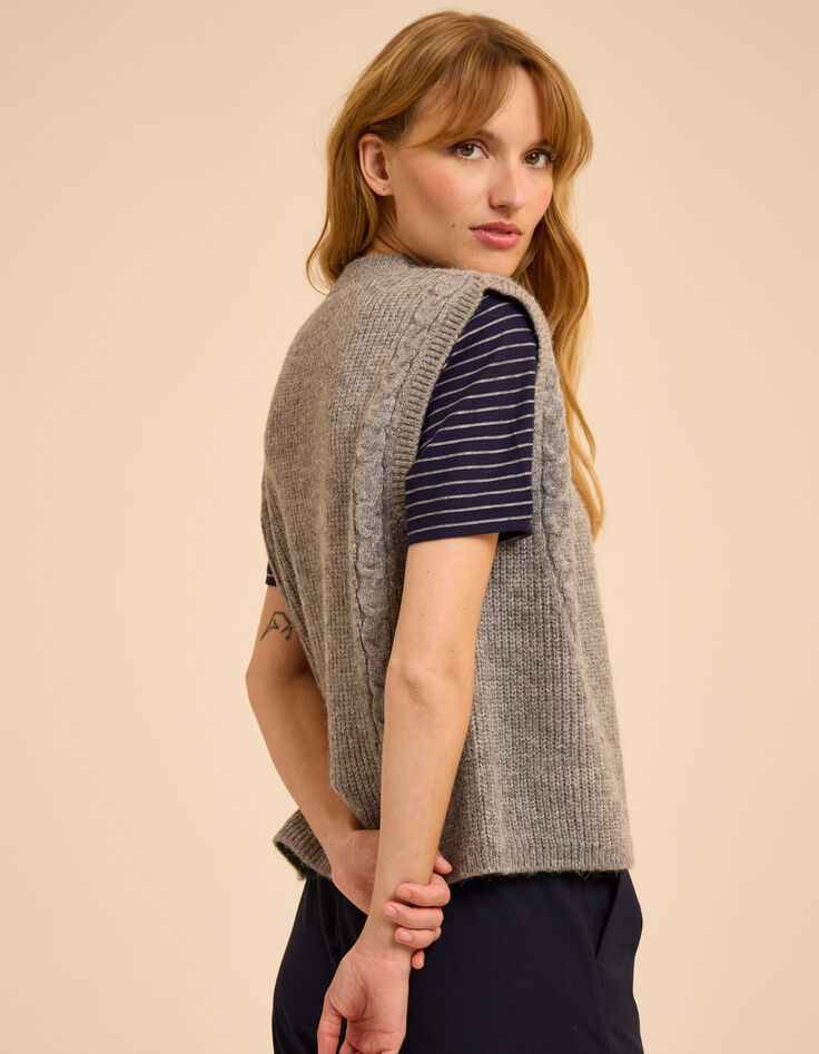 Cardigan sans manches gris tricot d&eacute;tails torsades I.Code-5