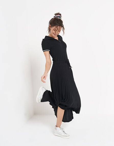 I.Code black pique knit pleated long dress