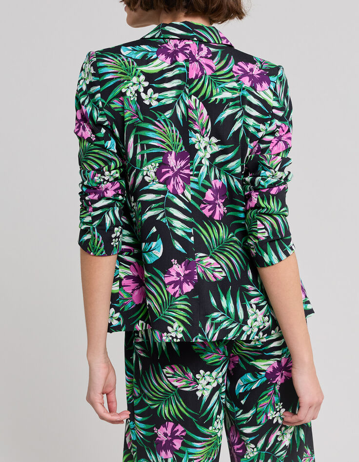 Schwarzer Damenblazer mit tropischem Print-3