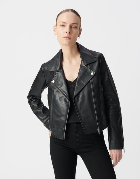 Schwarze Bikerjacke aus Leder f&uuml;r Damen - IKKS