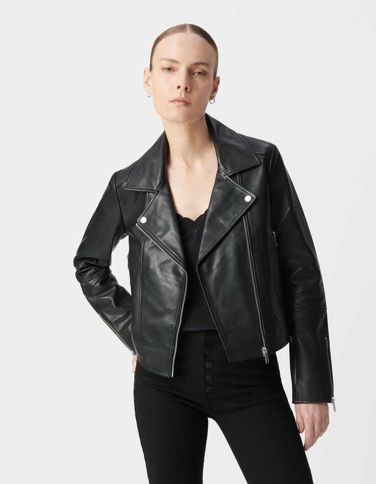Schwarze Bikerjacke aus Leder f&uuml;r Damen-3