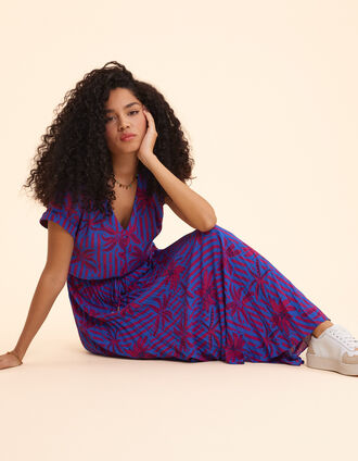 Vestido largo índigo con estampado de palmeras I.Code