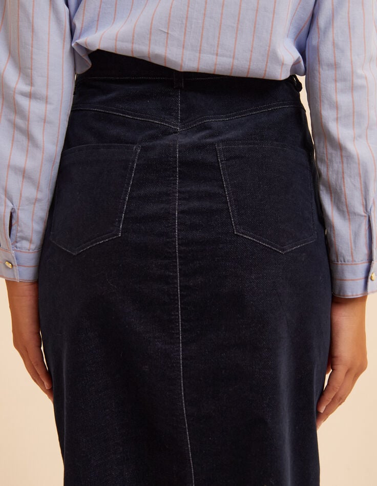 I.Code navy denim-look velvet split skirt-7