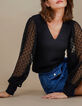 Pull noir bi matière à manches résille plissée I.Code-1