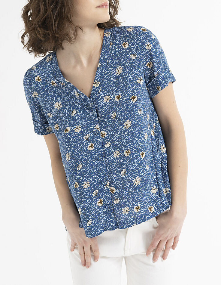 Top bleu imprimé fleurs et pois plissé dos I.Code-6 Top bleu imprimé fleurs et pois plissé dos I.Code-6