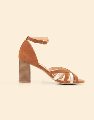 Camelbraune und goldene Keilsandalen, Veloursleder I.Code