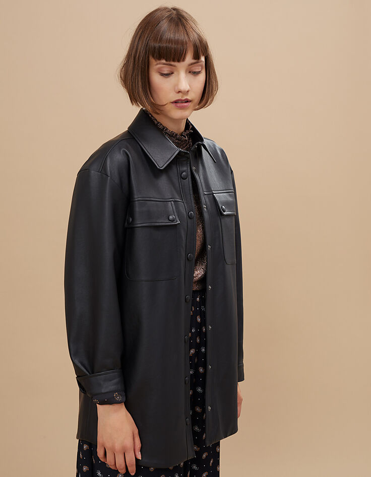 I.Code black faux leather overshirt with press studs-2