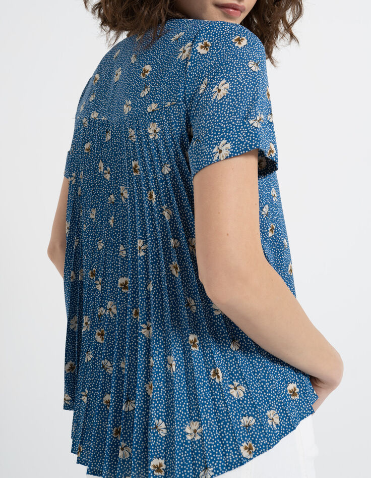 Top bleu imprimé fleurs et pois plissé dos I.Code-3 Top bleu imprimé fleurs et pois plissé dos I.Code-3