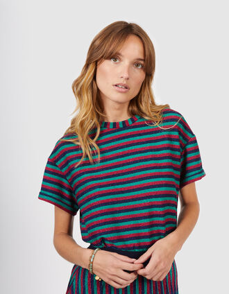 Tee-shirt magenta pailleté motif rayures colorées I.Code
