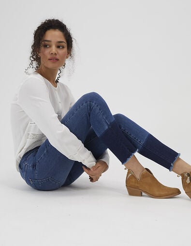 Slim fit blauwe jeans met gecontrasteerde franjes onderaan I.Code