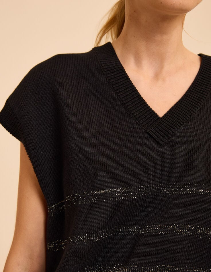 Schwarzer ärmelloser Strickpulli Lurexstreifen I.Code-5 Schwarzer ärmelloser Strickpulli Lurexstreifen I.Code-5