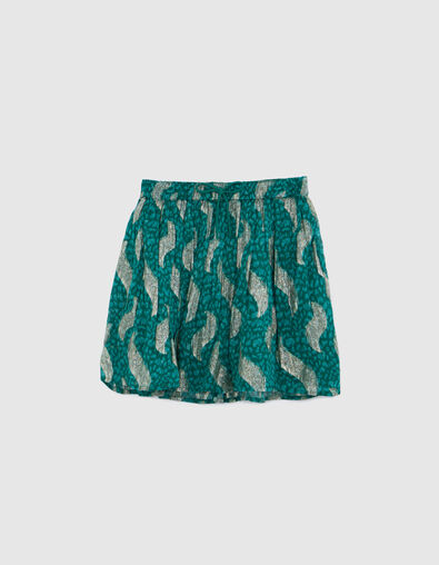 Girls&rsquo; green short skirt with sparkling peacock print - IKKS