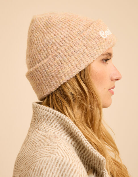 Bonnet beige tricot côtelé broderie I.Code