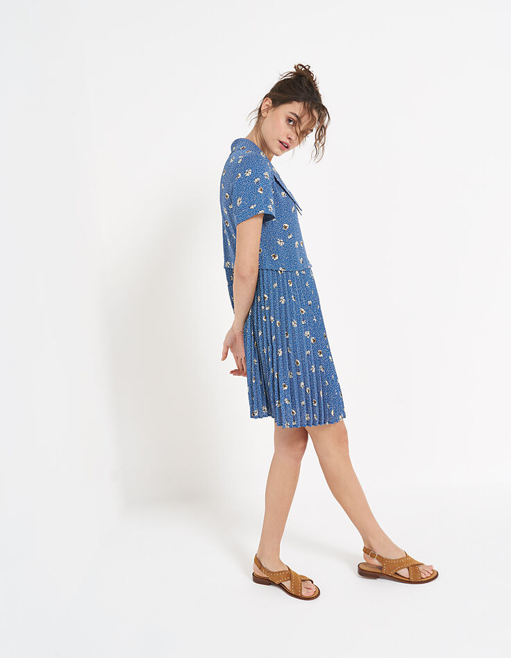 Robe chemise bleue plissée imprimé fleurs et pois I.Code-1
