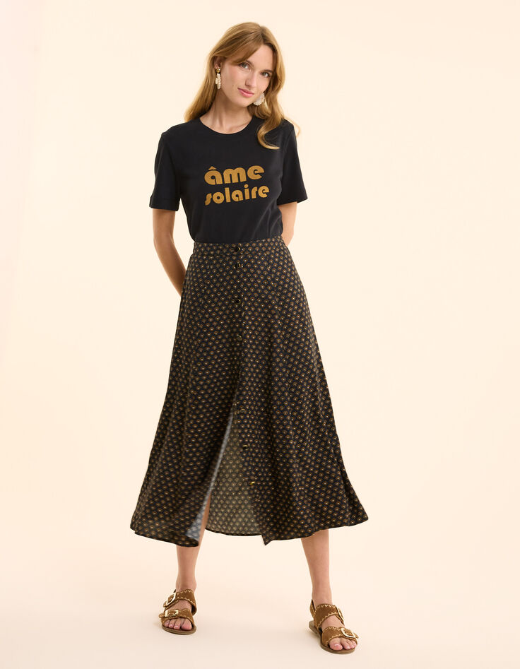 Jupe midi noire imprimé floral cœur I.Code-4